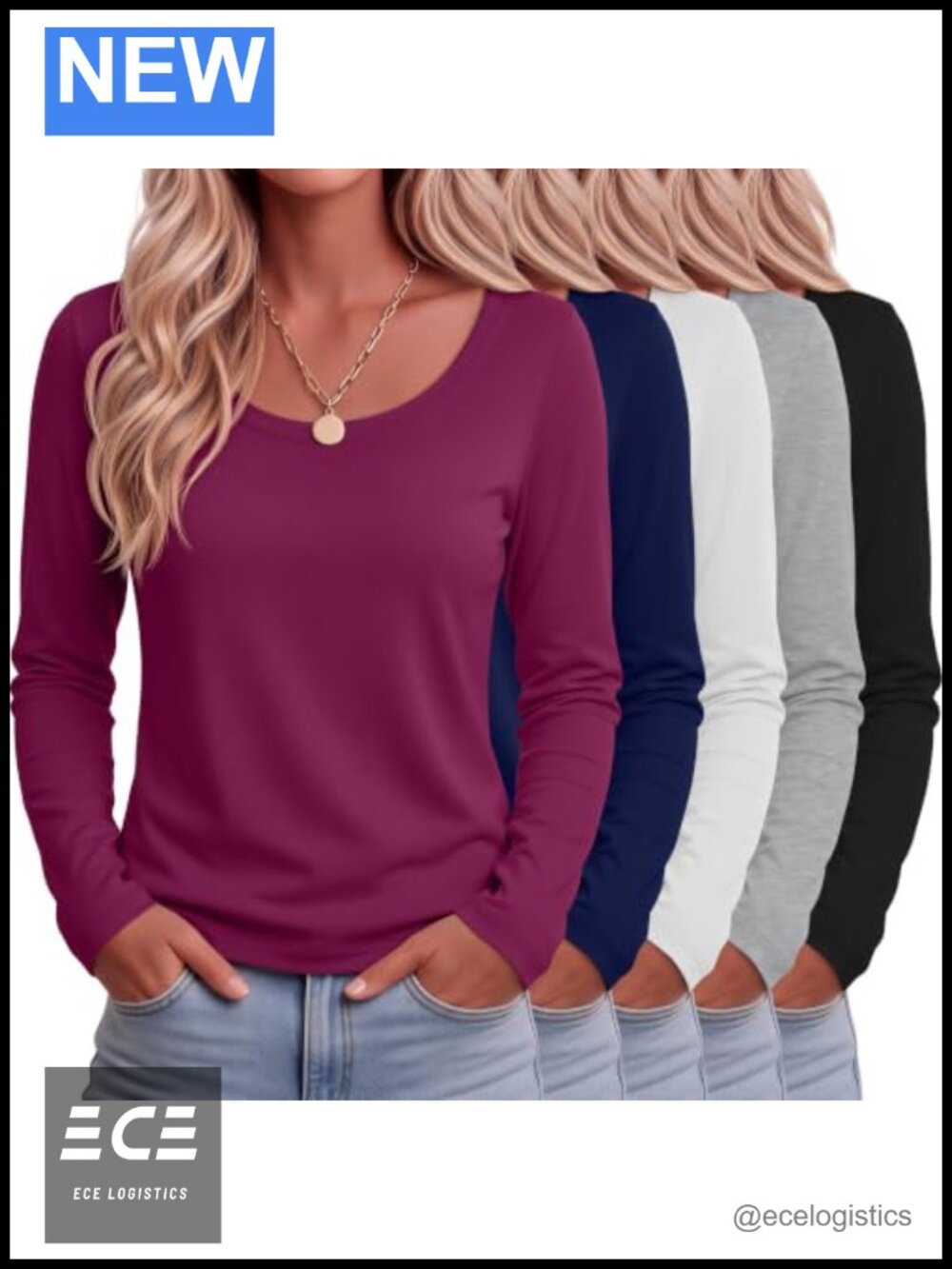5 Pack Womens Long Sleeve Scoop Neck Tops Loose Fit T-Shirts